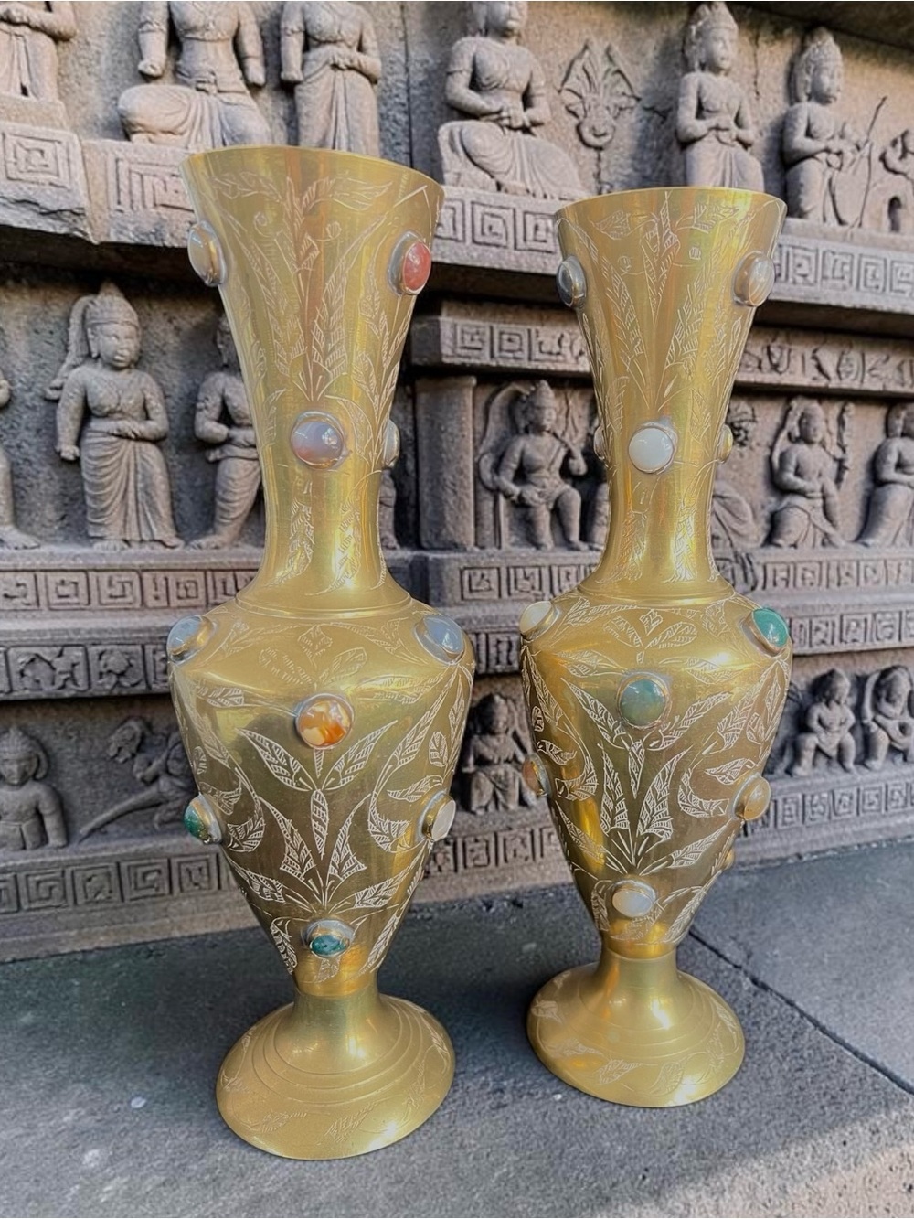 Vintage Brass Gemstone India Vases Etched 1 Foot Tall Set of 2 Vases Matched